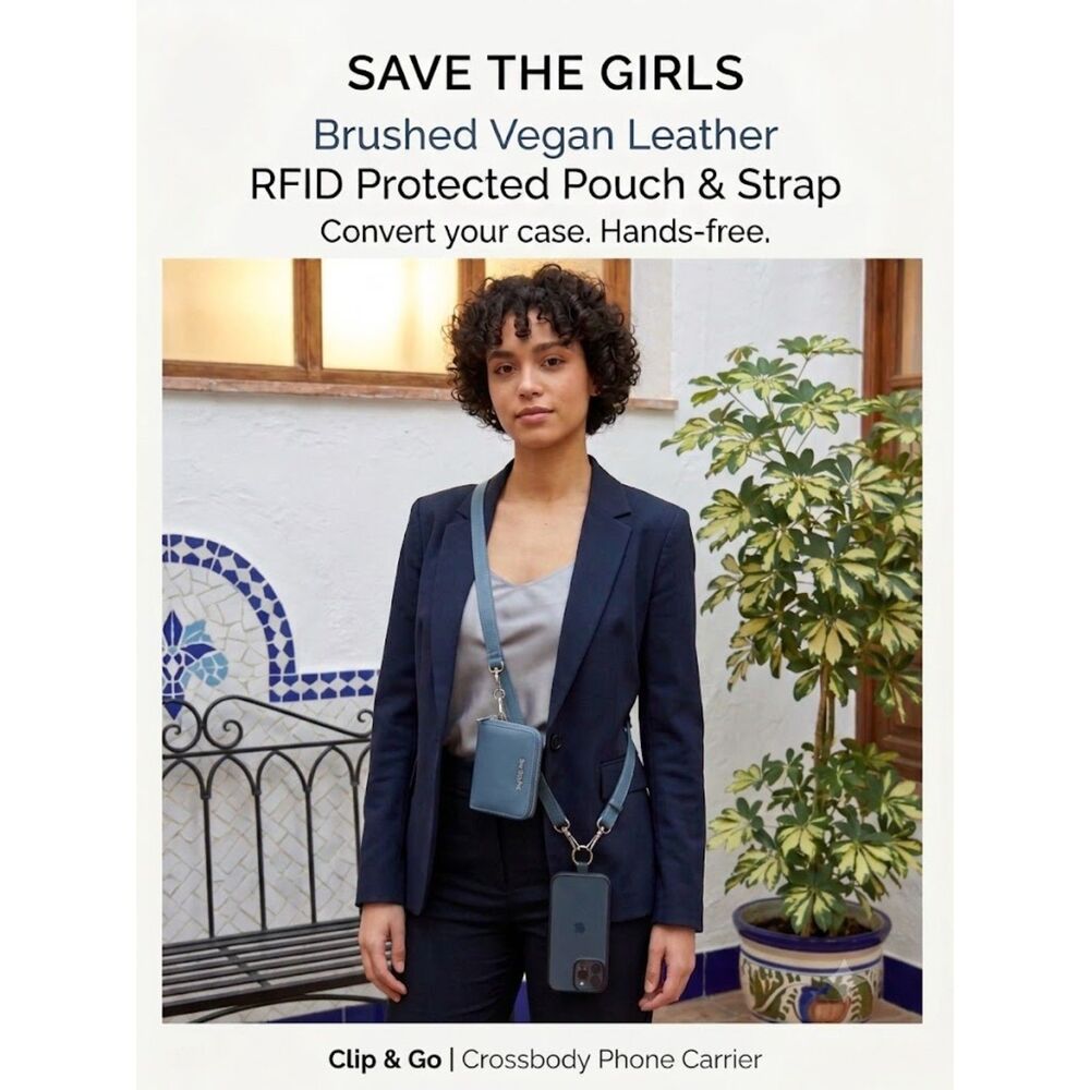 NWT Save The‎ Girls Clip & Go Crossbody Phone Carrier Dusty Blue Vegan Leather
